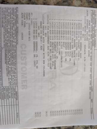 My invoice from Acura.  It was done as a "good will repair".  The total out of pocket cost for me was $2557.35, and it was well worth it.  I see on another page where the estimated cost of repair when I first dropped it off was around $8100, but the paperwork I signed at the dealership showed a price that exceeded 27k!  I'm glad that I was able to get it covered under the good will repair.  I love Acura, and I love my car!