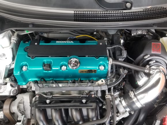 Time for some engine bling lol. Powder coated the valve cover to match the J's racing one. J's racing oil cap and plaque on the valve cover. Painter the oil dipststick black. Picked up a different coil pack cover.  Also not able to see here is the Greddy radiator cap. 