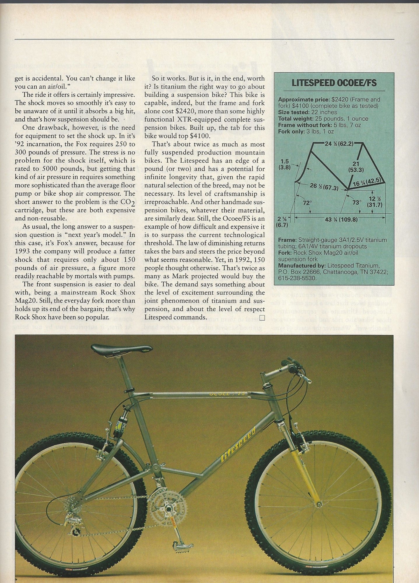 Road Test/Bike Review (1992) Litespeed Ocoee/FS (mtb) - Bike Forums