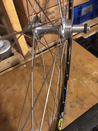 Rear match was part of a super deal on EBay. This wheel, open Pro...maybe ceramic coating...? And another Mavic rear with SunTour Sprint rear hub and each had a 7 speed Regina freewheel. 