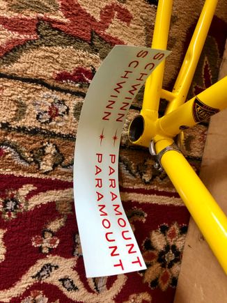 Original paint but missing the Schwinn Paramount decals, so got these from Bicycle Bones on eBay... red pin striping around lugs means red decals, I think.....