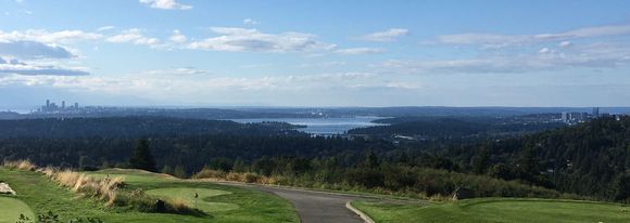 Seattle skyline far left, Bellevue skyline on right.  And if you have a big screen, direct center of Lake Washington a few buildings = UW District, university and more.
Miscellaneous back street in Issaquah.
