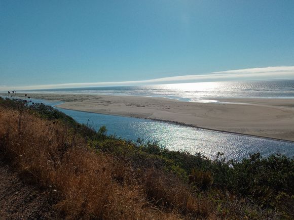 The mouth of Baduat'/Mad River in the foreground, sea lions on the edge. 