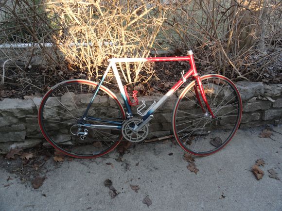 Bike as it sits now, tri color paint with matching Michelin tires.
