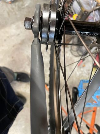 Drive side - wheel as far forward as I dare for the big free wheel. 