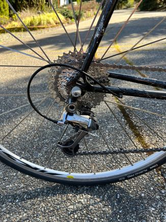 Same front crank but now with 9 speed cassette and long cage RD - much better for the huge hills in my area.