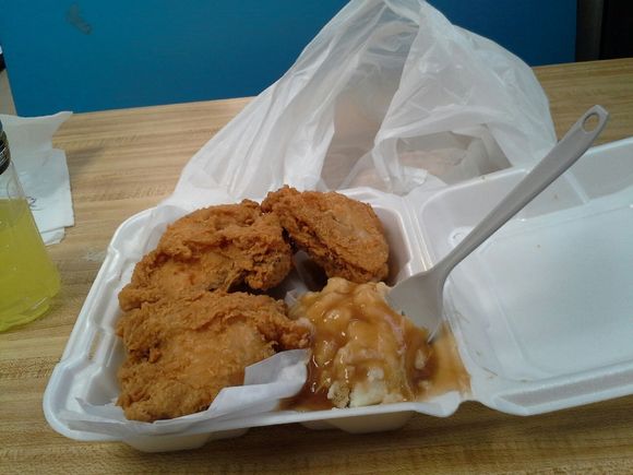 A healthy lunch in Webb, Misssissippi. Gravy was good beyond belief. I had a Snickers bar for a vegetable. Peanuts are vegetables, right?