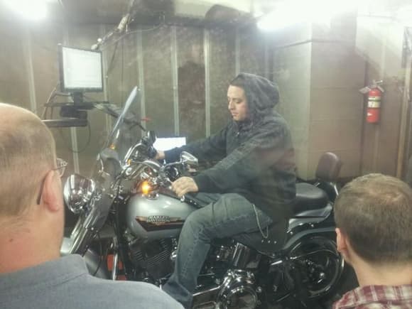On a Fatboy at the Harley Davidson Dyno