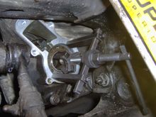 Bearing removal tool mounted in place and pulling commenced.