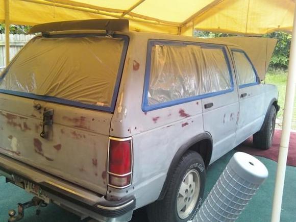 Taped up for another coat of primer