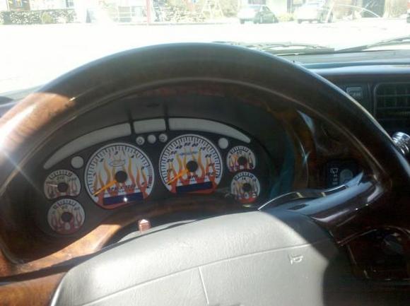 woodgrain, flames for gauges, silver shifter