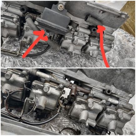 New carbs top pic, orig carbs bottom pic. Fuel line centre on orig carbs. New carbs fuel pipe goes to 'front' of carbs. Whereas original carbs just ran to brown fuel pipe in centre. New pipes highlighted with red arrows.