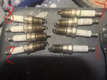 These are the plugs after I pulled them, self explanatory bottom right cyl 1 bottom left cyl 2 and then 7 and 8 also numbered