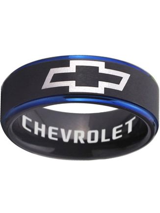 Black and Blue step Chevrolet tungsten ring available is sizes 5 - 16 at www.CustomRings.org