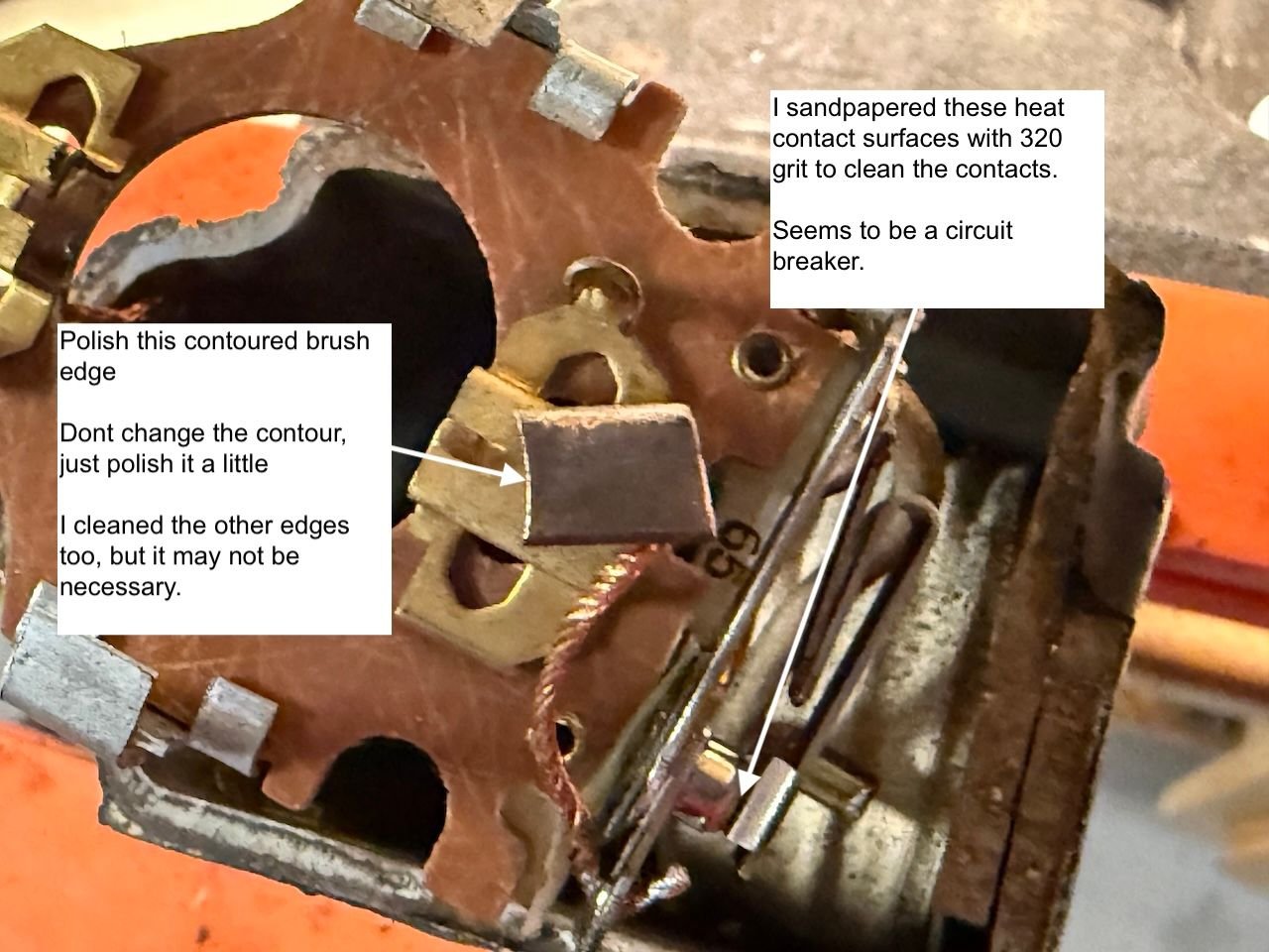 Clean the contoured surface of the positive brush. While you're at it sand the circuit breaker points clean too. Decades of arcing can leave a pitted mating surface.
