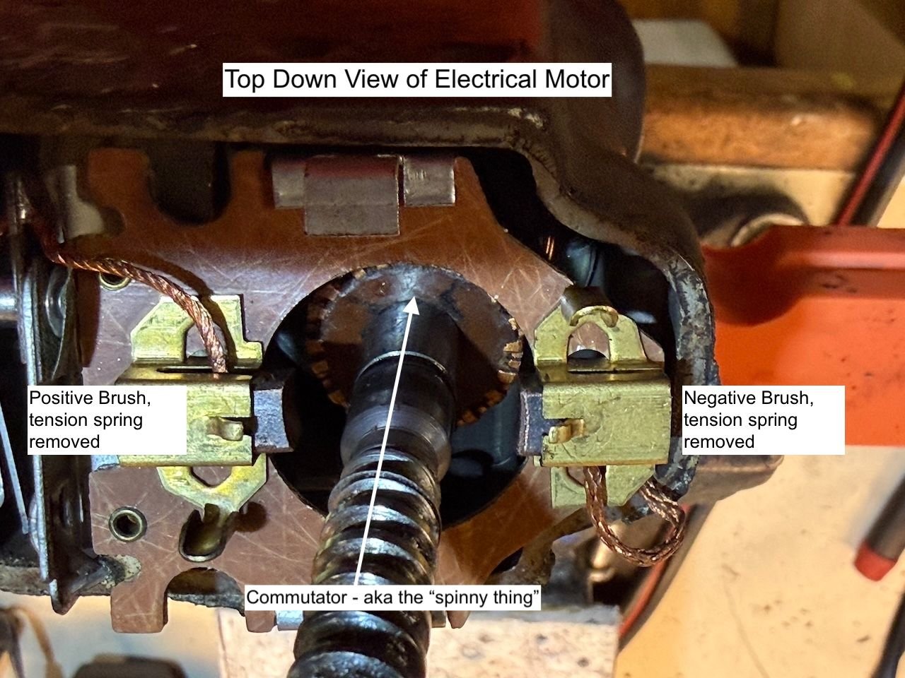This photo is missing the springs that hold the brushes fast to the commutator, but this is what you'll see when you slip the mechanical half away from the electric motor. 