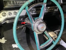 The wheel is turned a little in this picture but to stay straight it’s usually at around a 10 and 4 o’clock position. I’ve often wondered if it was the original wheel.  It does appear to be the original color of the car.  