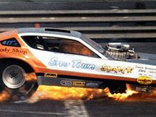 This was a buddy of mine that races nostalgia these days.This was the fire that ended his driving days.His name is Dave NASTY Benjamin.He runs two nitro burning cars.An altered and a funny car called the Red Dragon.He's a great guy, even without eyebrows.