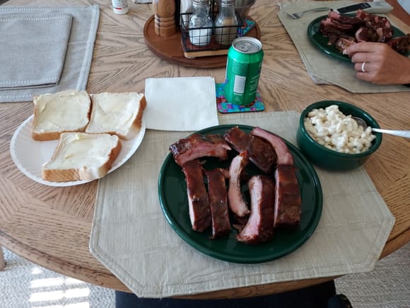 Baby Back Ribs, bread and real butter, macaroni salad, and Rolling Rock.  Yum, I got stuffed!