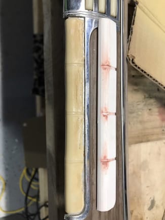 A printed piece next to an original damaged one. The red spots is from putty used to correct minor printing defects on the grooves.