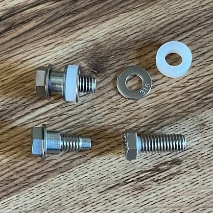 The longer bolts are not really longer, they're just threaded all the way to the end of the bolt.  Using a stainless washer and turning the bushing around will capture the floating bow, and the nylon spacer will push the bow 1/4" outward.  The 