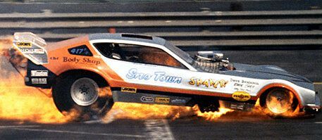 This was a buddy of mine that races nostalgia these days.This was the fire that ended his driving days.His name is Dave NASTY Benjamin.He runs two nitro burning cars.An altered and a funny car called the Red Dragon.He's a great guy, even without eyebrows.