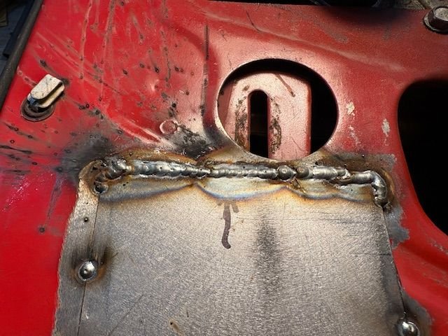 Welding in progress.  I welded about 5 seconds, then used compressed air to cool the area to minimize distortion 