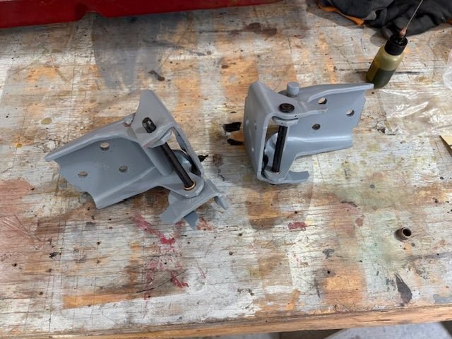 Right side hinges.  Ready to do a door/body fit up.  Ready to color paint too.  I need to do old paint stripping before the fit up.  I suspect I will need to adjust rear door panel gap by welding on door edge.  So I want to be cleaned up as much as possible before doing the door hang.