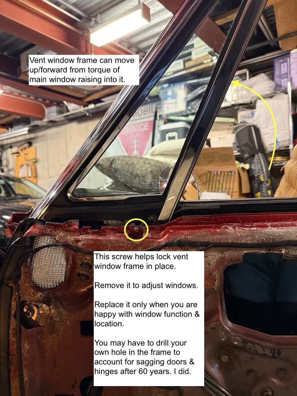 The tiny screw is probably a set screw designed to inhibit vent window frame movement.