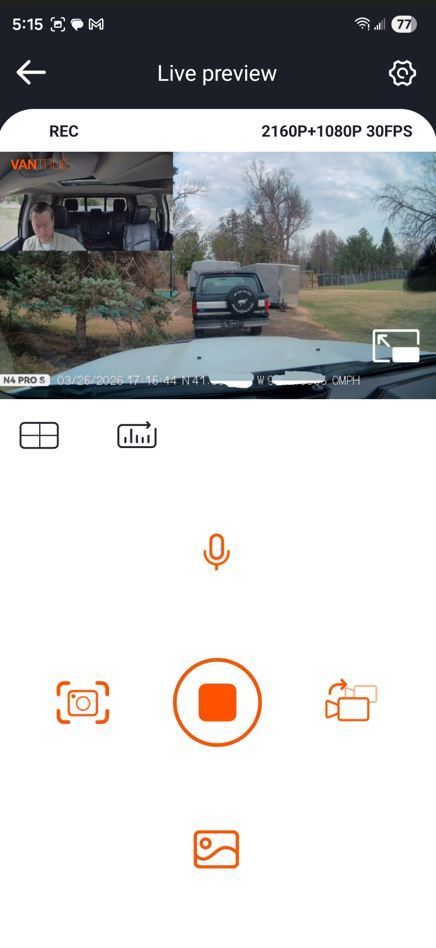 The Live Preview screen of the Android app for real-time viewing of the forward, interior, or both cameras.