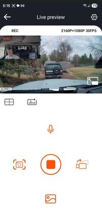 The Live Preview screen of the Android app for real-time viewing of the forward, interior, or both cameras.