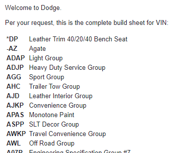 Excerpt of my email from US Customer Care with option codes