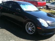 All stock 06 Black G35 6MT Coupe, Sport-tuned susp., 19&quot; Rays