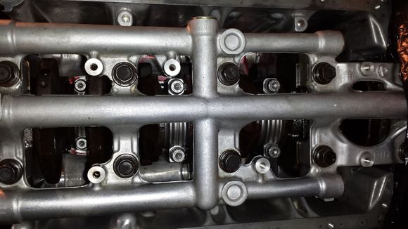 Main bearings, caps, and girdle all torqued down to factory specs.