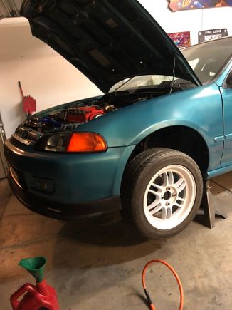 First time she’s had shoes on n a while.

-linkage and axles on (duh)
-dizzy on
-plug wires 
-last starter bolt
-black texture paint battery tie down and paint hardware 
-spark plug seperator painted and on
-ground wire to VC on (exposed contact under bolt)