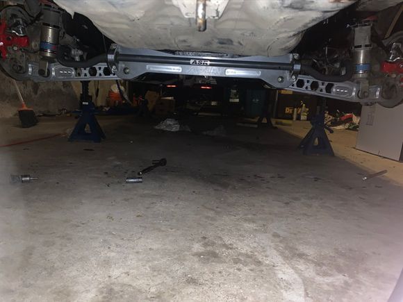ASR brace w/ 24mm swaybar, ktuned lcas, megan rear camber kit SPC toe adjusters, ktuned TA bushings. Skunk2 Pro C coilovers (likely upgraded soon)