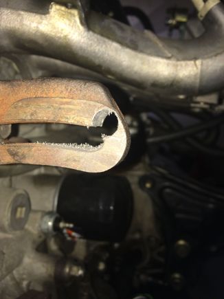 The hole in the alternator mount. Its not extremely pretty but it "should" not be an issue, The mount on the D16 is very different and i did not see a way to swap it over. I could have re-pinned the connector most likely but i am trying not to butcher the OBD2 harness.