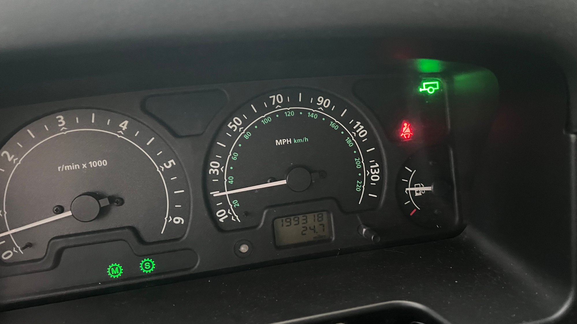 These ligths turn on. The M & S keep blinking. The ones in the right goes and came back then and now. Besides this when I start driving it goes super slow like it has the emergency break on. 