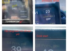I believe the top right image was taken while moving. THe rest are at idle and you can see as temp goes up PSI drops barely acceptable levels. IF the glitter was not present I would not be so worreid. 