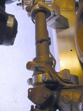 ZF rack and pinion as seen from above from the driver's side. The mounts were fabricated in stainless, to be the same material as crossmember for welding. You can see that the divers side mount had to be notched to clear the power steering hard lines. The Avanti should be lighter in the front, as compared to a factory car with the Eaton power steering setup.