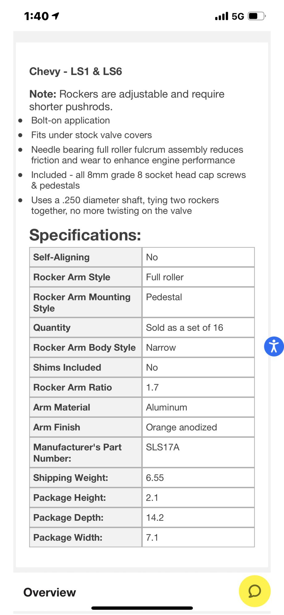 LS1 Harland Sharp 1.7 Roller Rockers Adjustable 575 shipped