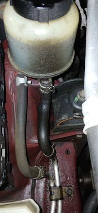 Pic: power steering reservoir and leaky hose(showing front passenger motor mount