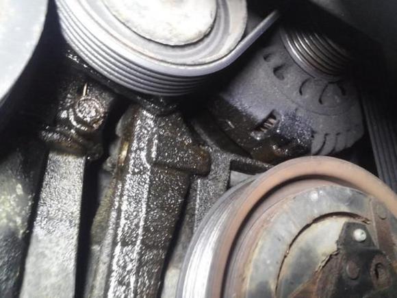 Lower view of oil sludge from leak(s) on Alternator