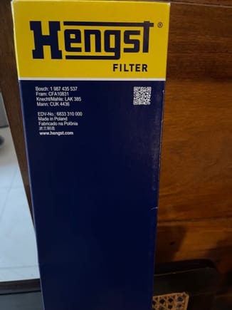 Cabin Filter by KENGST. Sourced from ECS Tuning Ohio USA…arrived in a week’s time via FEDEX. These filters are equivalent to Bosch or Mahle. 