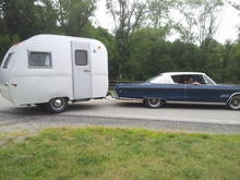 Chrysler pulling our  1954 Campover trailer  on it's maiden voyage.