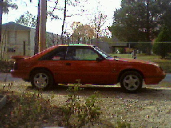 Pic of it. In this pic car still had 7.5&quot; rear end in it that previous owner used to replace torn up 8.8&quot;. My uncle gave me a set of BBK springs and 8.8&quot; rear end with 3.73's out of an 86 GT he had crashed. The springs lowered it a good bit and made it drive alot better. It's got BBK subframe connectors, Flowmaster mufflers with turndowns on a 2.5&quot; off road H-pipe, and a world class T-5 with 2.95 1st in it. I miss this car, just couldn't afford to drive it with gas $4.00 a gallon. It got 12mpg on the highway babying it.  Sold it to my cousin for $3200 and bought a 91 convertible LX 5.0