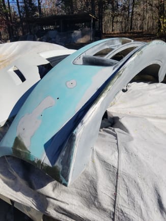 Had to do a lot of work on this bumper, PO was the original painter and his Z was originally teal. Had to run an ASS load of fiberglass and some Bondo as well