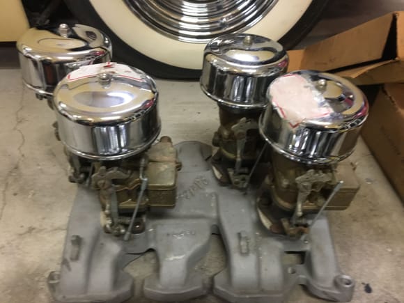 Nos manifold and 4 nos 97s with air cleaners . Nos never used rare hot setup . Small olds v8 . 1200.00 plus shipping . 