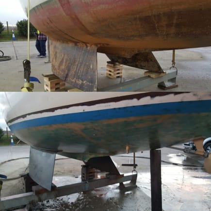 Some pics from this weeks blasting project, a 28 foot yacht!
All metal work stripped back completely and any rust removed, but the hull was fibreglass so we had to be careful taking the anti fouling and paintwork off, without damaging the fibreglasses gel coating