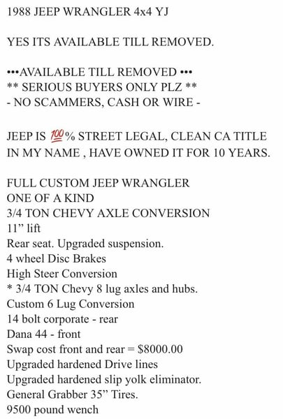 1988 JEEP WRANGLER YJ 3/4 TON  AXLES, 4x4 FULL CUSTOM BUILD   for Sale $14,500 